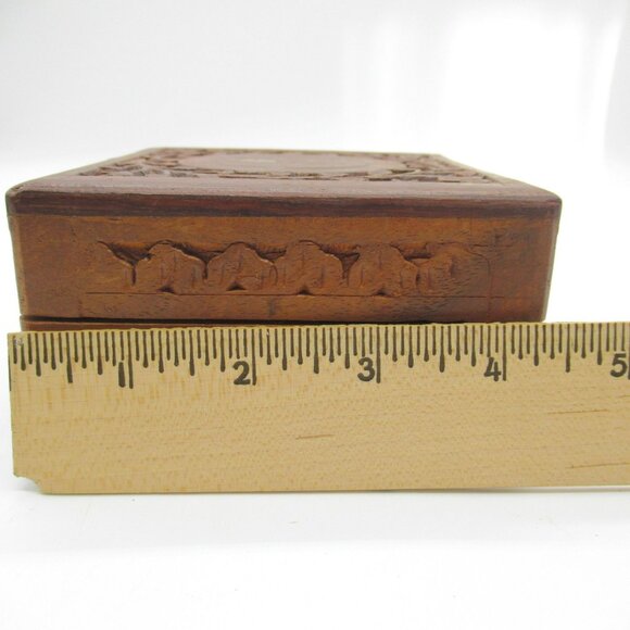 Vintage Hand-Carved Rosewood Stash & Jewelry Box With Brass Inlaid Leaf & Floral - Picture 12 of 13